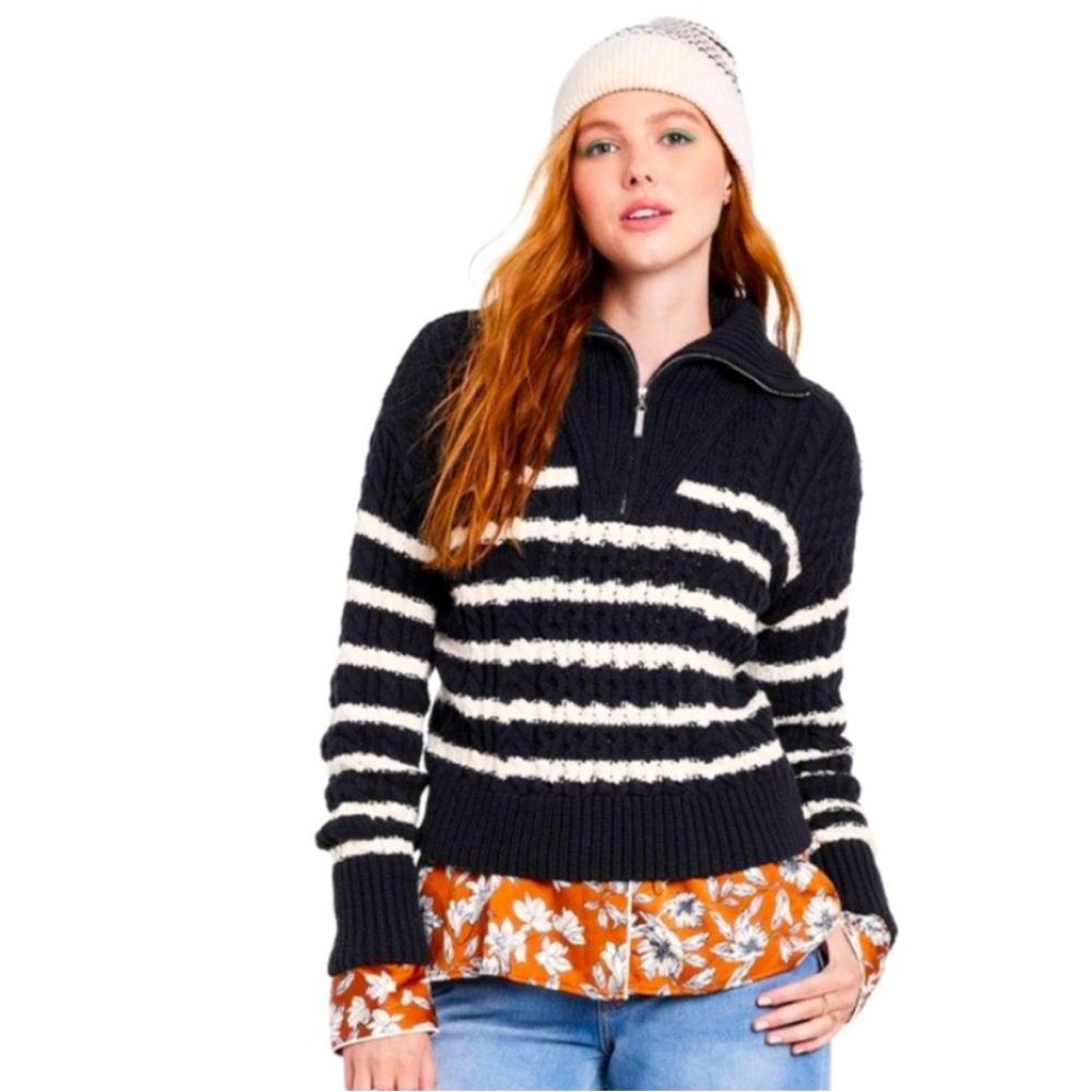 La Ligne x Target Striped Cable Knit Quarter Zip Sweater - Black and White